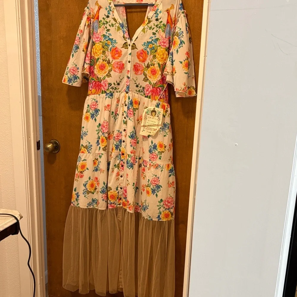450. Aratta Floral Button-Front Maxi Dress in Cream with Tulle Hem - Picture 1 of 3